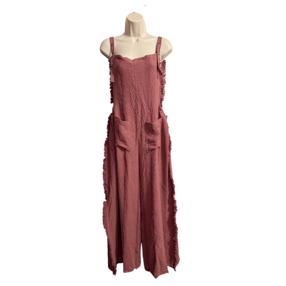 Piel De Mar Beachwear Mauve Wide Leg Fringe Overall Jumpsuit Cover Up Size M - Picture 3 of 10